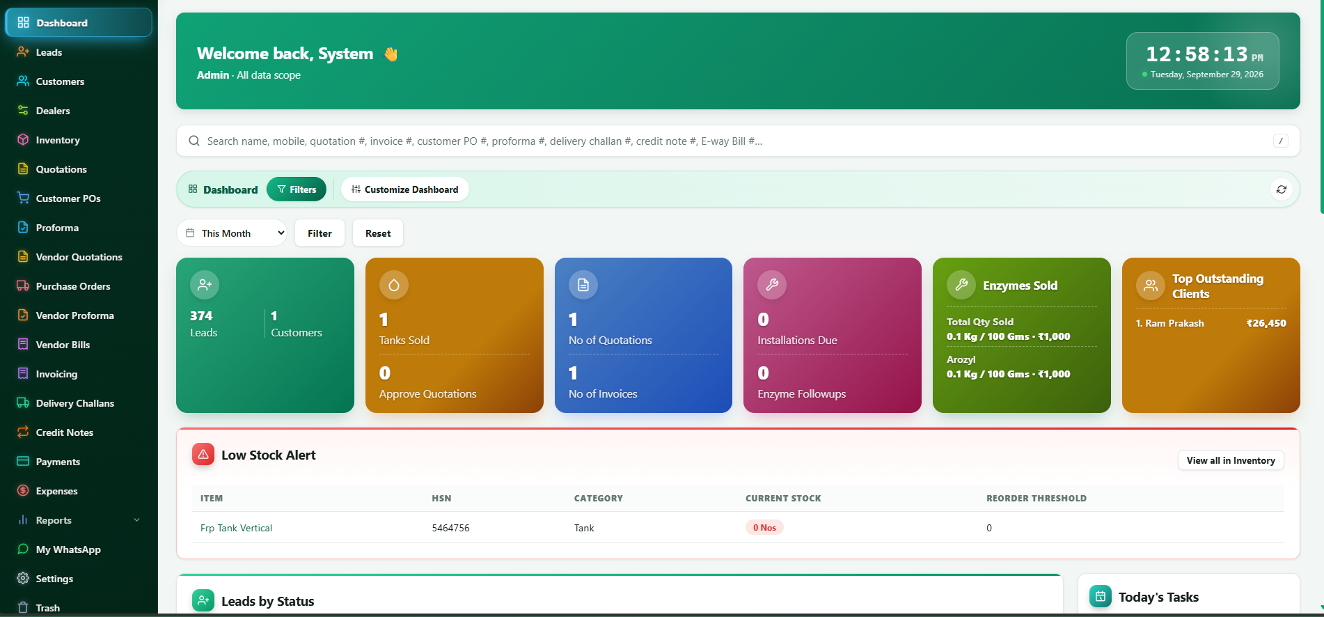 Crossmindz CRM dashboard showing leads, quotations, invoices and a low stock alert